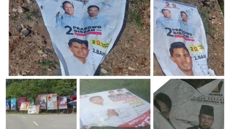 Baliho Bergambar Prabowo Gibran dan Anggota DPR RI Dapil Sultra Bahtra Dirusak OTK