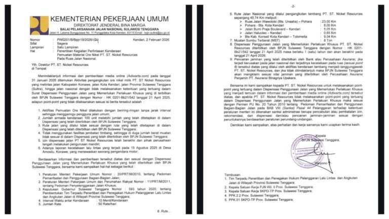 BPJN Sultra Tegaskan Sanksi bagi PT ST Nickel Resources Jika Langgar Dispensasi Jalan