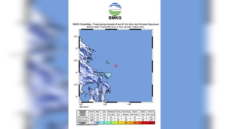Gempa M4,9 Guncang Konawe Kepulauan, Terasa Hingga Kendari