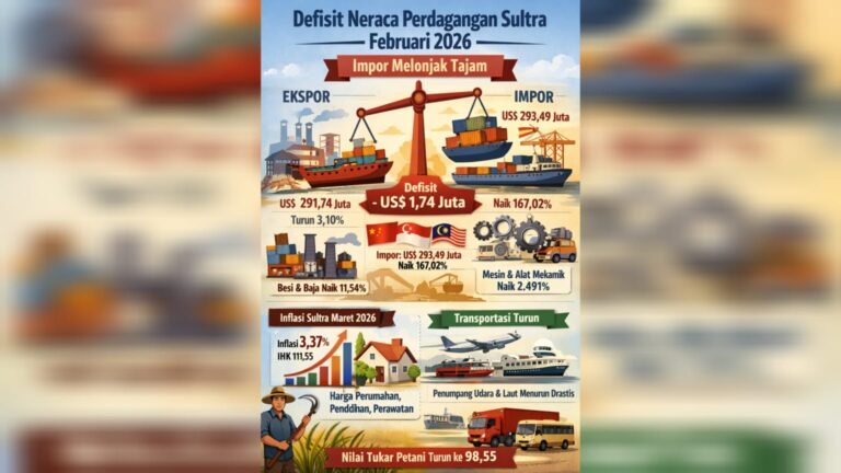 Defisit Neraca Perdagangan Sultra Februari 2026, Impor Melonjak Tajam