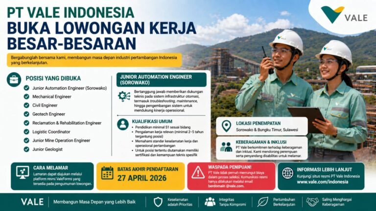PT Vale Indonesia Buka Lowongan Kerja Besar-Besaran, Ini Posisi dan Syaratnya