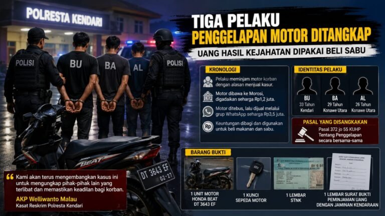 Polresta Kendari Tangkap Tiga Pelaku Penggelapan Motor, Uang Dipakai Beli Sabu