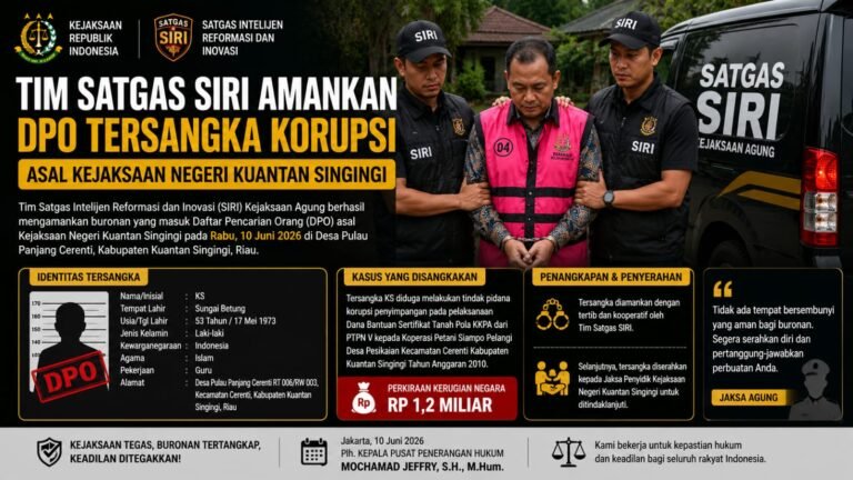 Satgas SIRI Tangkap DPO Korupsi Dana Sertifikat Tanah Kuansing