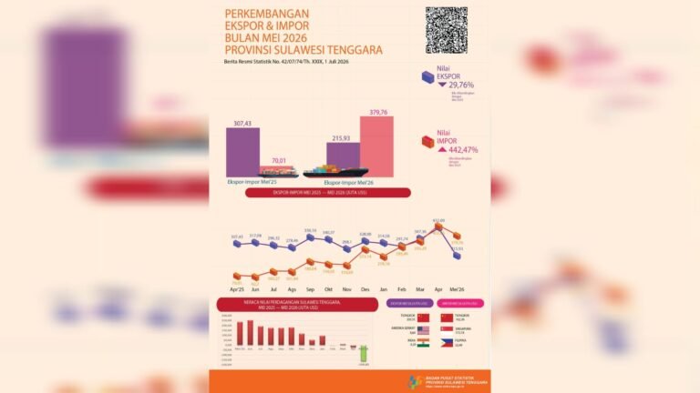 BPS: Ekspor Sultra Turun, Impor Melonjak Tajam pada Mei 2026