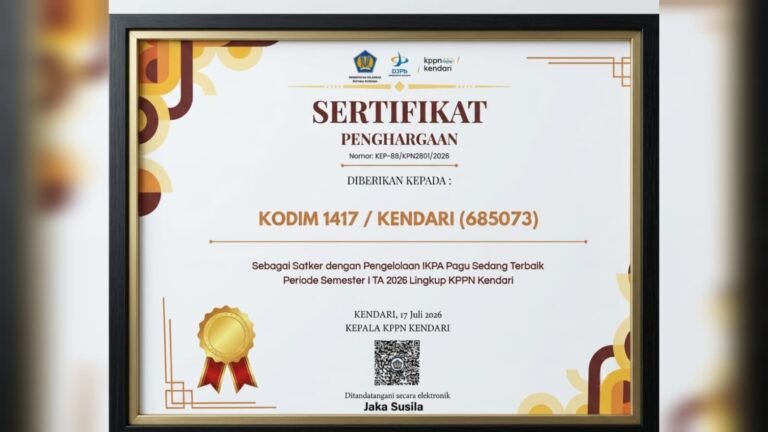 Kodim 1417 Kendari Raih Penghargaan Satker Terbaik dari KPPN Kendari